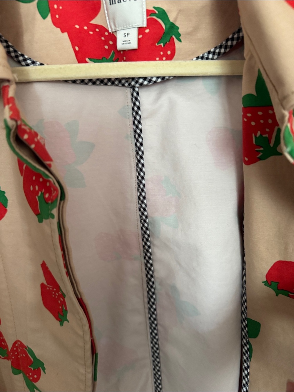 Anthropologie / Maeve Beige Trench Coat with Red & Green Strawberry Print - Picture 3 of 9